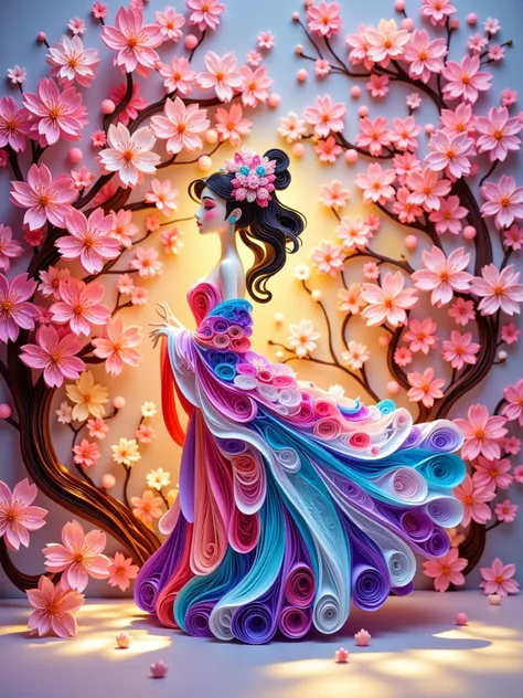 (paper art, Quilted paper art, geomerty), 1girl, gradient color cherry blossom fairy, extreme makeup, three-dimensional, rich colors, bright light, extreme detail and texture, HD, masterpiece, long shot, full body