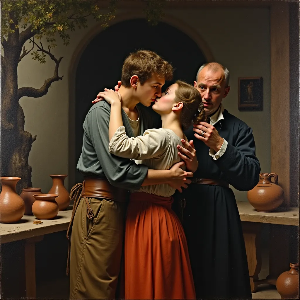 In 16th-century Hungary. A potter and a young widow kiss in front of a pottery. Ahead of a tree a priest observes incredulously and angrily
