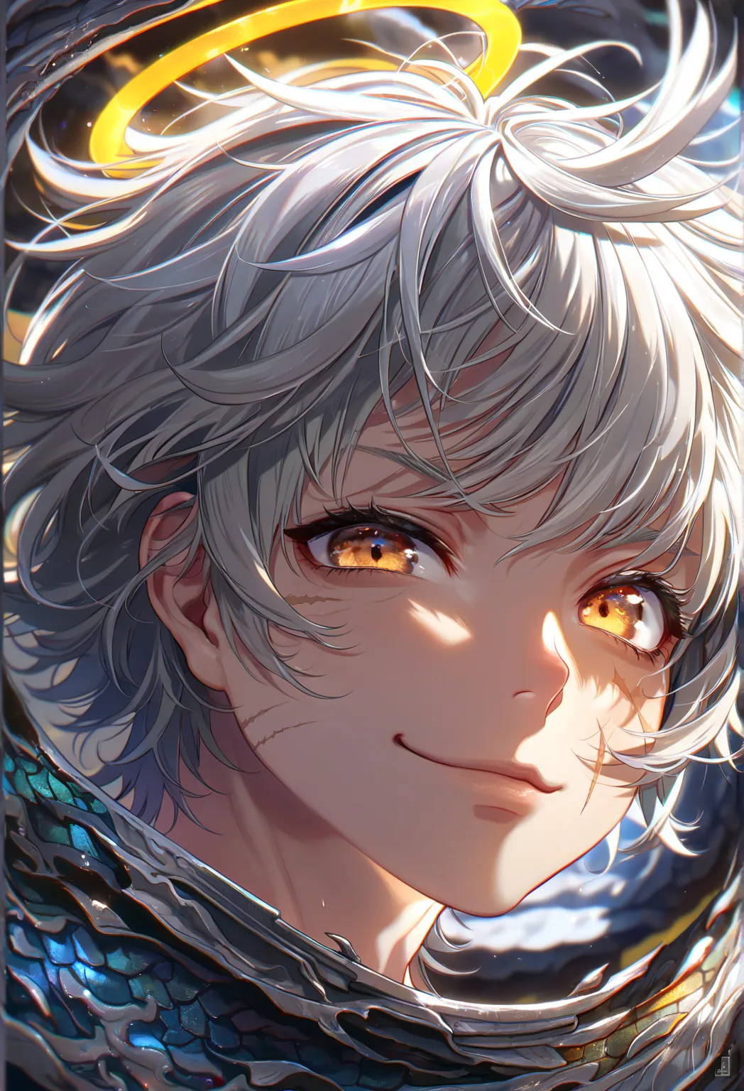 Solo, 1male, High Resolution, Masterpiece, Anatomically Correct, Best Quality, Detail, HD, High Details, Quality, UHD, Silver Hair, One Side Up, Messy Hair, Short hair, Bangs, Amber Eyes, Smirk, From Side, Close-Up, Fisheye, Scar Across Eye, Scar On Cheek,...