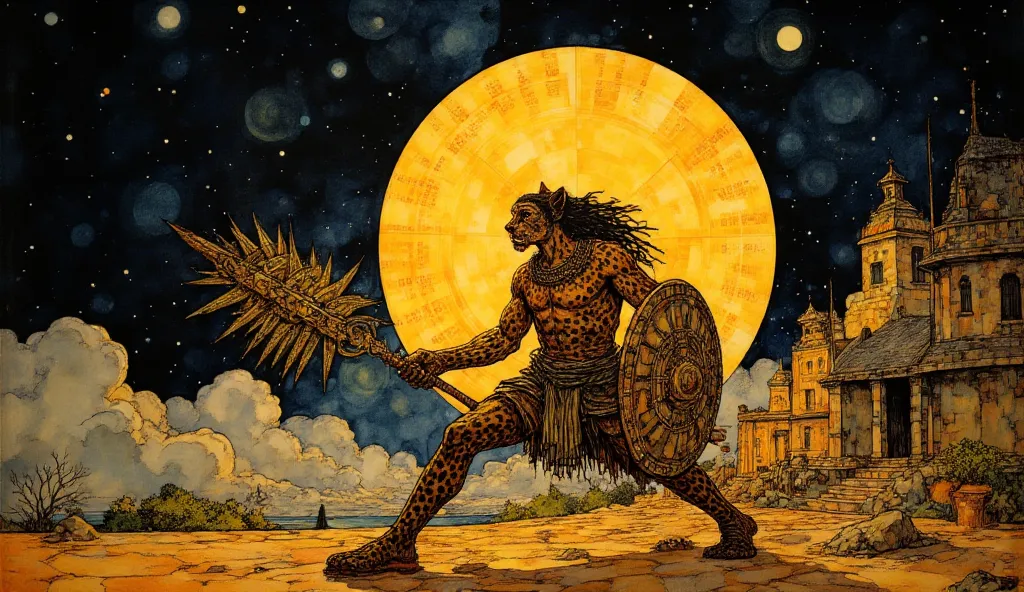  an illustration of an Aztec jaguar warrior wielding a Macuahuitl and a shield, inspired by the works of Frank Frazetta, with an Aztec calendar glowing behind him against a starry night sky, the Macuahuitl in the foreground showing intricate obsidian blade...