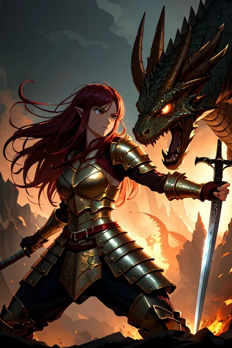 (masterpiece:1.3, best quality:1.3, ultra detailed:1.2), (beautiful young female warrior:1.4, dragon slayer:1.3, long flowing hair:1.2, determined expression:1.3, armor with dragon motifs:1.2), (epic battlefield:1.2, defeated dragon:1.1, smoke and embers:1...