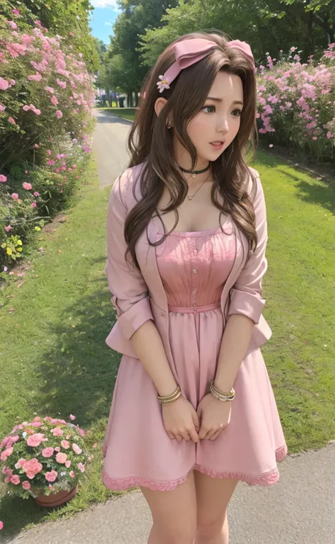  full body, upskirt panties view, legs together, a3r1th, public masturbation, orgasm, intense female orgasm, heavy squirting, perfect female figure, Aerith Gainsborough, holding small flower basket, peeing down her legs, green eyes, surrounded by other peo...