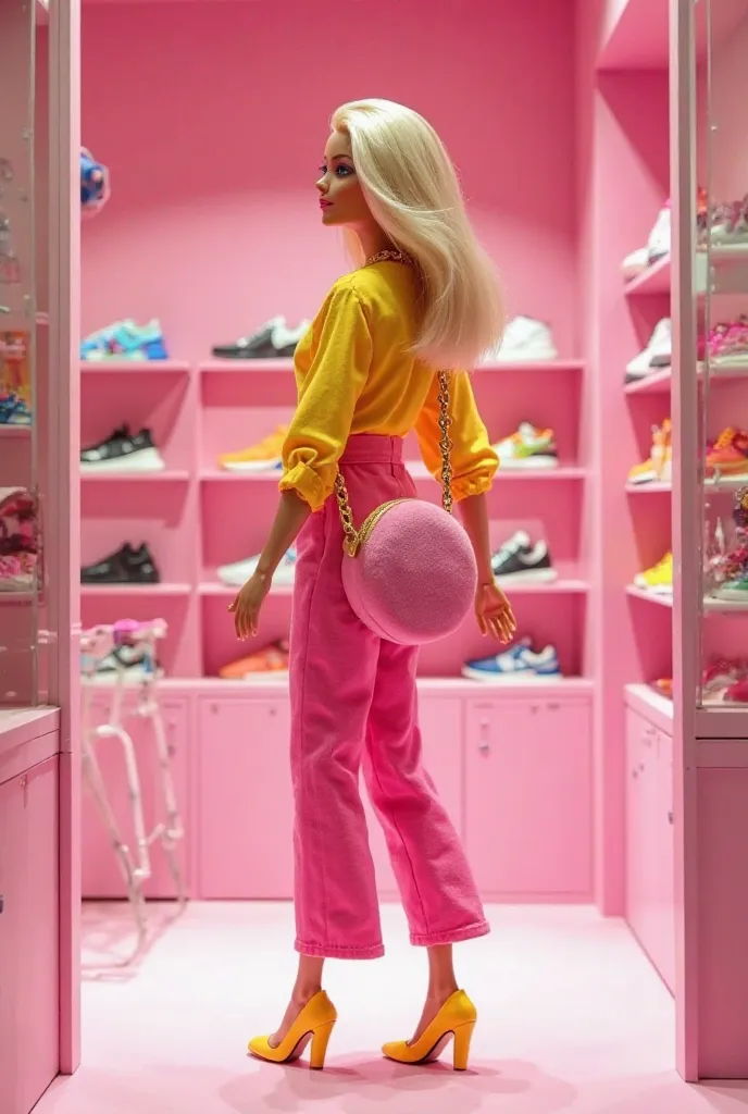 Realistic image of Barbie in pink dress pants and yellow blouse, yellow block heel sandal, pink round plush bag with gold chain strap, At Shopping Pink entering a pink and white sneaker store