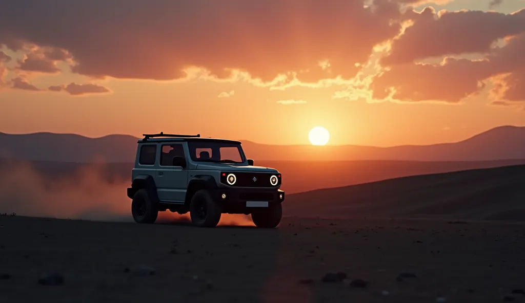 an image of a Suzuki Jimny model SIERRA at sunset, in the style of darksynth, 32k uhd, minimalist black and white, eye-catching, sparse, lo-fi aesthetics 