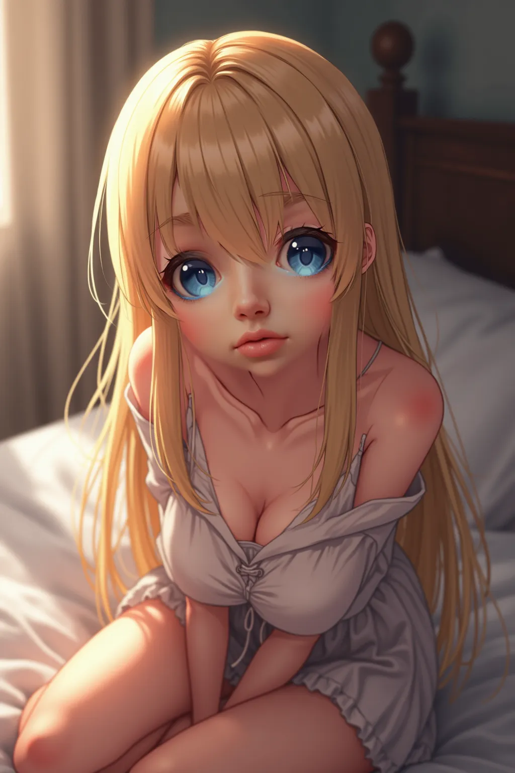 "hyperrealistic anime girl, ultra-detailed, blonde long straight hair, large expressive blue eyes, fair and flawless skin, soft facial features, realistic shadows and lighting, 8k UHD, ultra-photorealistic, soft light, natural expression, delicate facial d...