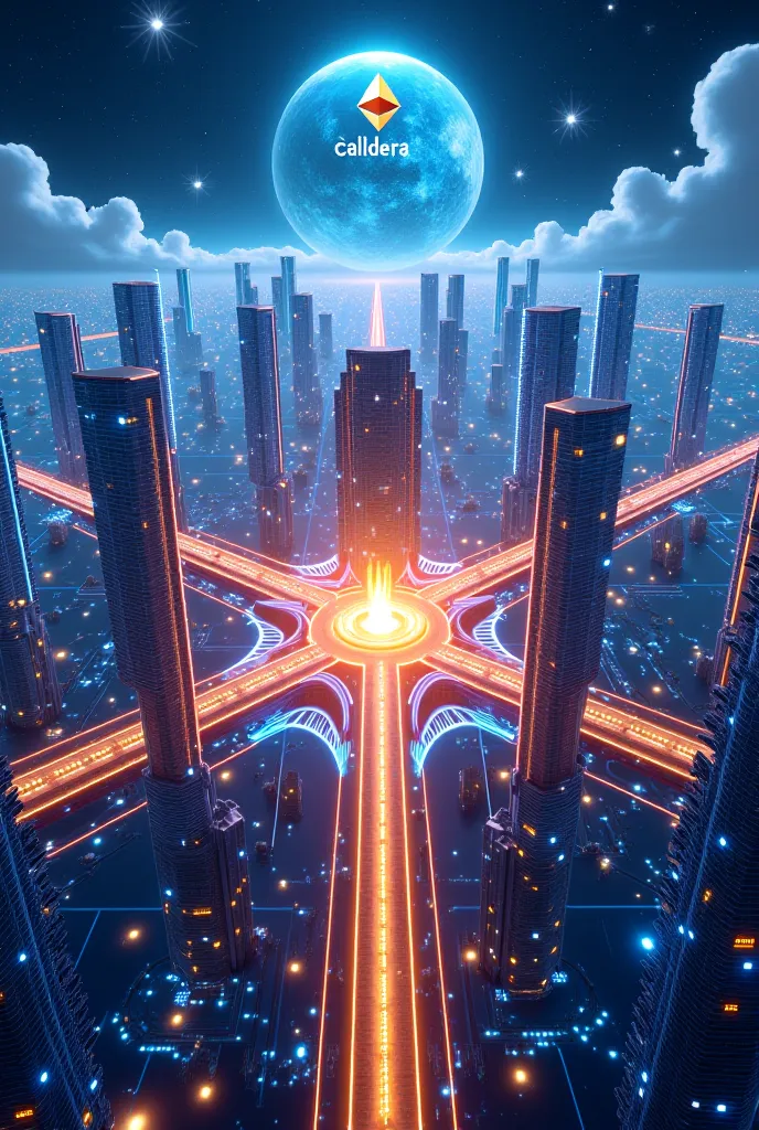 **Visual Concept:**  
A dynamic, futuristic cityscape where interconnected blockchain "skyscrapers" (representing Ethereum rollups like ZK and Optimistic) are linked by glowing bridges (Metalayer). Each building is a unique chain with distinct architectura...