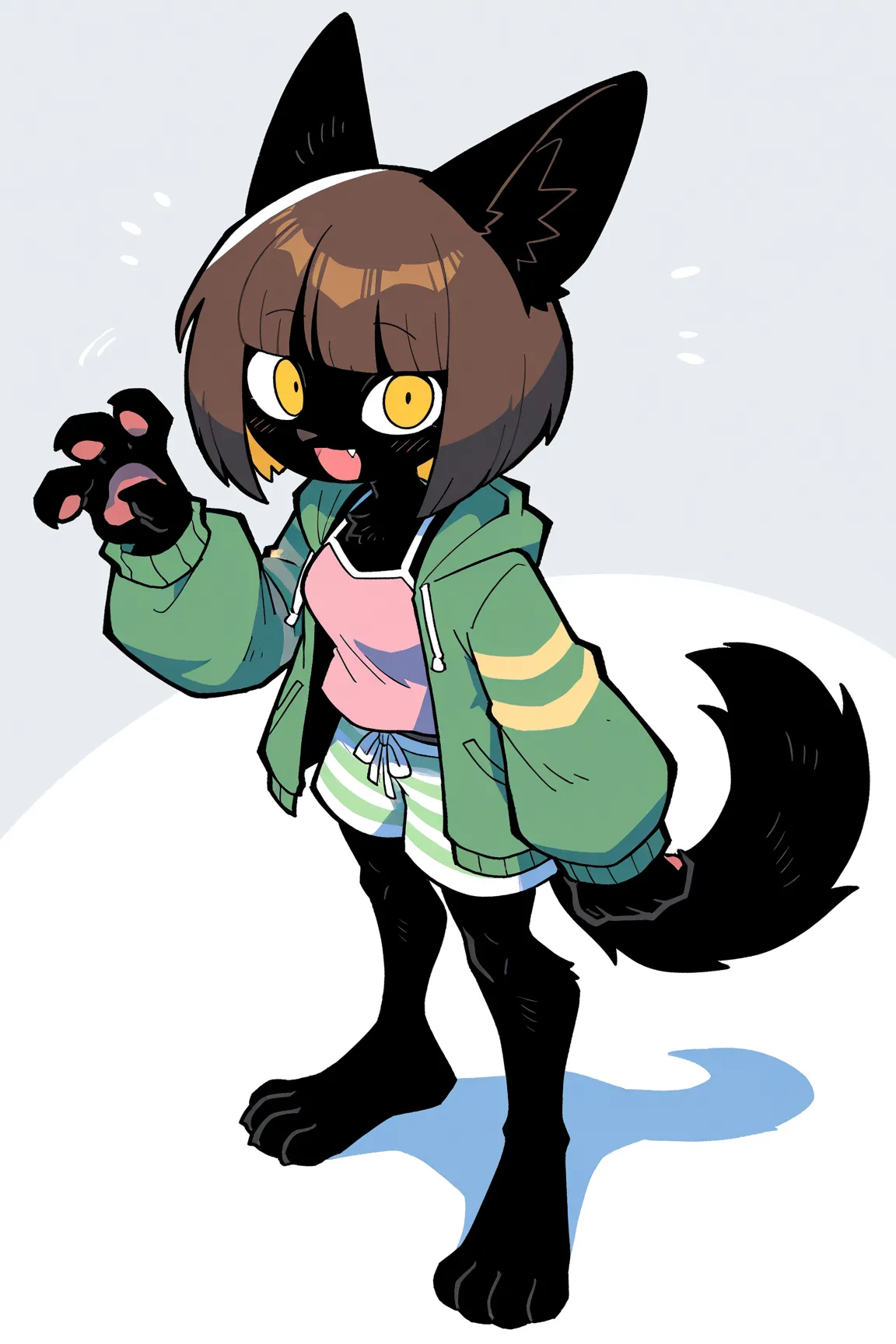 1girl, full body, black fur, furry, yellow eyes, slit yellow eyes, drooping ears, one fang, brown bob cut, light green horizontal striped open-front hoodie,  light pink camisole, light green striped shorts, standing, shadow, white background, (by 04sora40,...