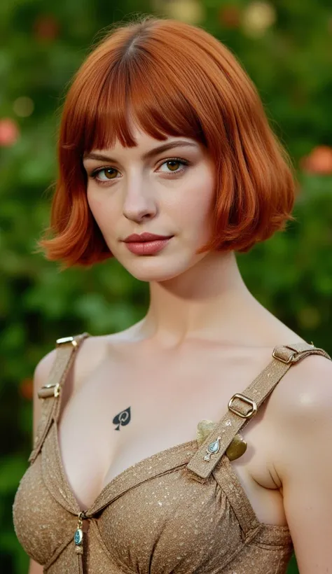 masterpiece, best quality, Spring Outfits, The extreme short hair of red hair has been trimmed quite a bit, Outdoors,  magazine cover  ,upper body, ((((  pretty small Queen of Spades tattoo on neck  , 18yo ))))