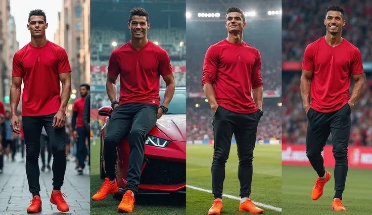 Here are multiple prompts for generating images of **Cristiano Ronaldo** wearing a **red shirt, black pants, and orange shoes** while keeping his real-life facial features:  

### **1. Casual Street Look**  
*"Cristiano Ronaldo standing confidently on a bu...