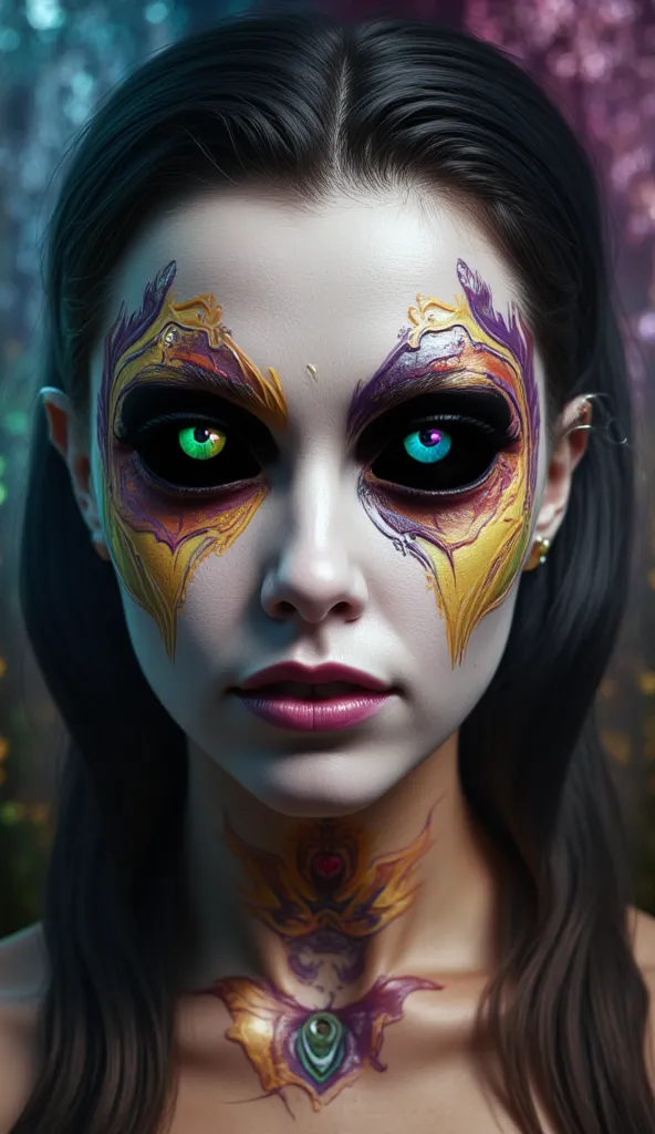 best quality, 4K, high resolution, masterpiece, ultra-detailed, realistic, two beautiful eyes, rainbow irises, black sclera, detailed facial features, portrait, photorealistic, professional, vivid colors, dramatic lighting, fantasy scene, surreal atmospher...