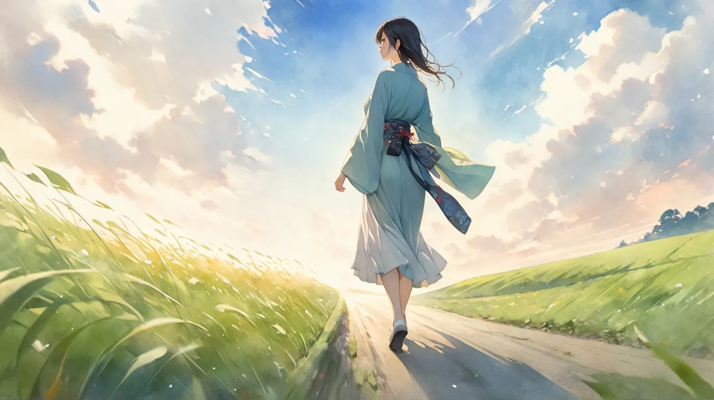 High quality realistic painting,Beautiful mature Japanese woman walking along a long single road in a green field。Mysterious profile、 wide angle shot, Soft Light ,watercolor texture,Blue sky background,Ultra High Definition,delicate skin texture, top grade...