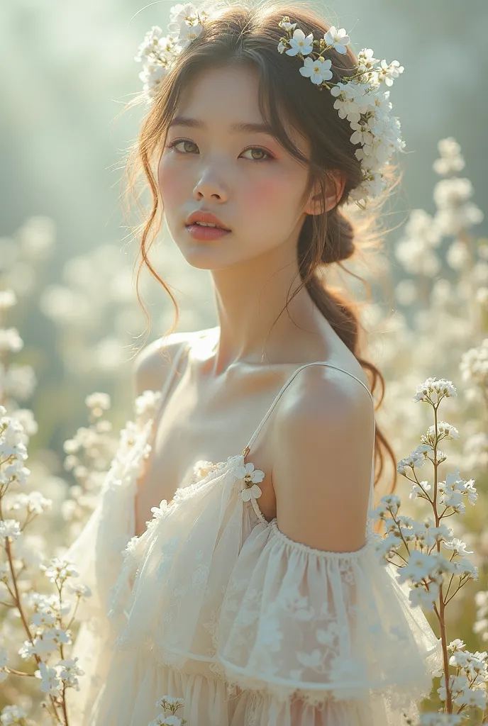 "gentle and delicate woman, inspired by baby's breath flowers, wearing a flowing white dress with floral patterns, soft and ethereal atmosphere, light pastel colors, surrounded by tiny white blossoms, serene and calming expression, fantasy art style"
