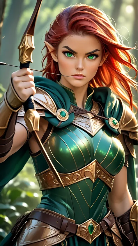 A young warrior woman of tall, imposing stature, wearing shining bronze armor that highlights her strong, feminine muscles. Her face is of rare beauty, with elegant features and an expression of determination and strength.
Her skin is pale and lightly tann...