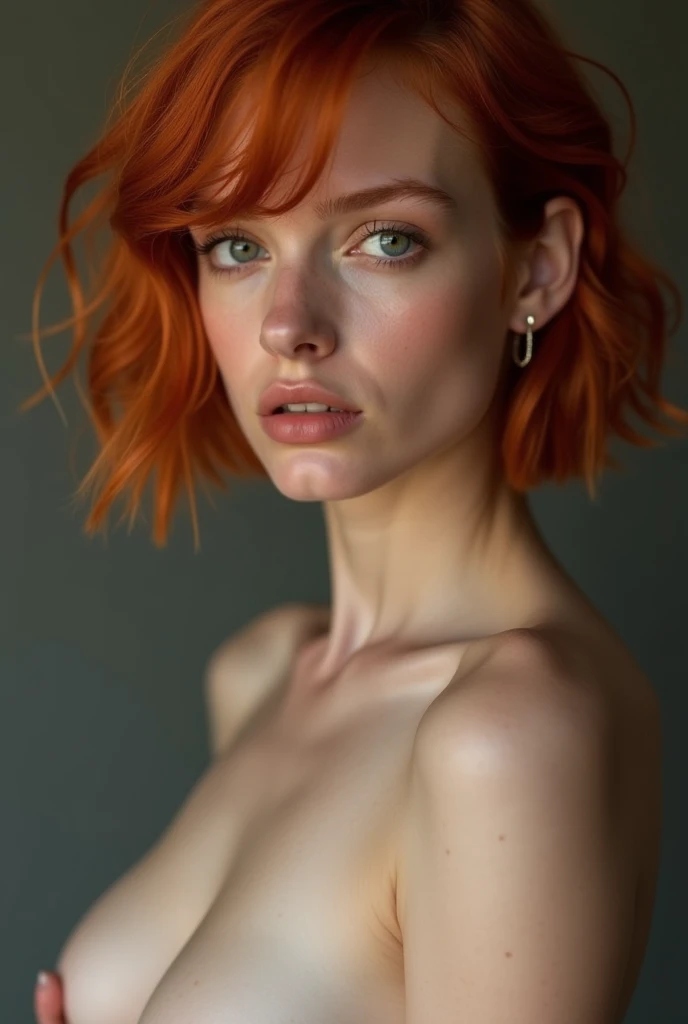 close-up of a naked woman with red hair posing, smooth red skin, redhead girl, close-up of a redhead naked woman posing with beautiful detailed body and face, red head  ,  short red hair , güzel üst vücut , Beautiful body and face, beautiful symmetrical bo...