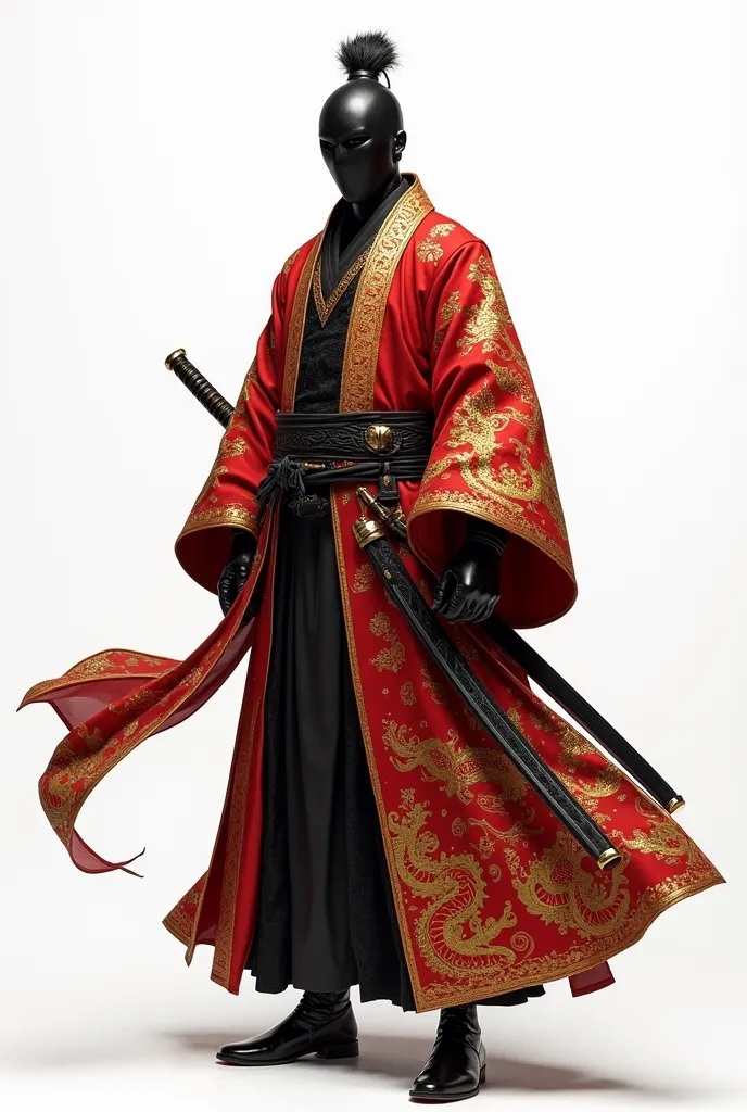 Create a Chinese samurai ninja wearing doulee and red gold Chinese robes with dragon symbols , on a white background, the usual character pose is high-quality and realistic 