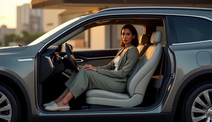 elegant woman in confortable slippers in the driver's seat of a modern Cadillac SUV seen from the left side 