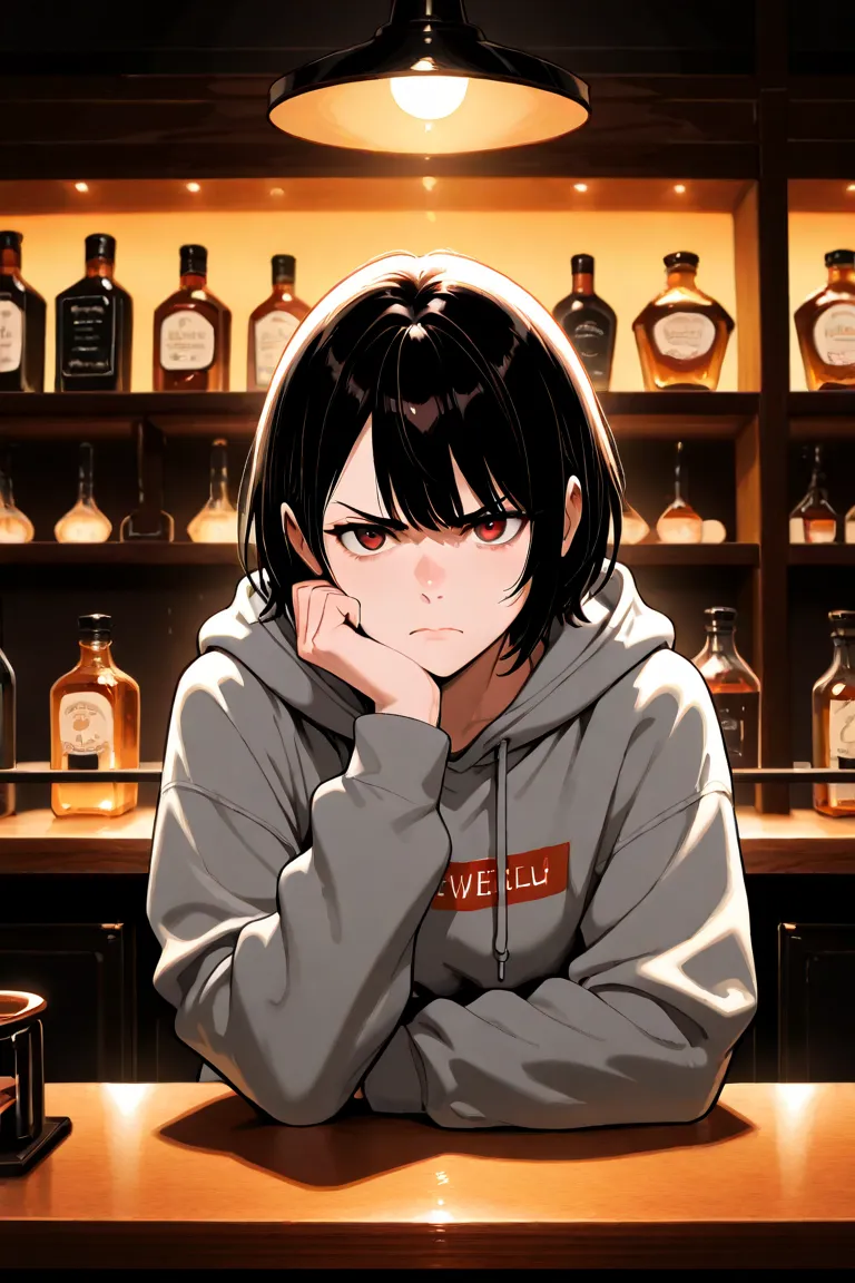 at a dim bar counter、 short dark hair  、 Bangs in the middle of the right side of the eye、are gray hoodies、 serious atmosphere 、Open the black leather menu and read it quietly。