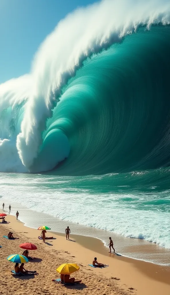 Massive ocean wave crashing on a beach;  wide shot, high angle view;  intense, dramatic perspective;  golden hour sunlight;  vivid blue and turquoise tones of the wave;  dense, white frothy crest;  dark, deep blue water;  beach scene;  sandy beach;  sunbat...