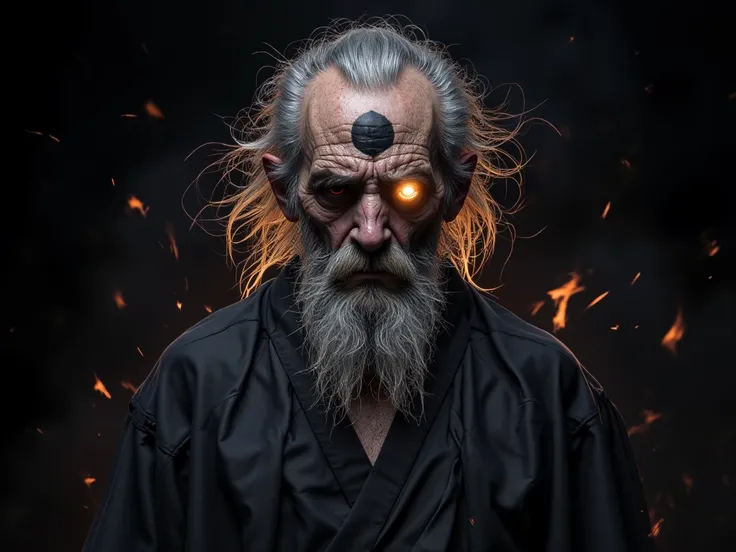 Old Man Prisoner, Forehead Center Eye Tattoo, Evil Old Man, Black Outfit,  thin, dry ,  tired , a messy long beard,  messy hair , stares at you, A fire is erupting from the old man., The body is turning into coal, Explosive faraway conditions, front view, ...