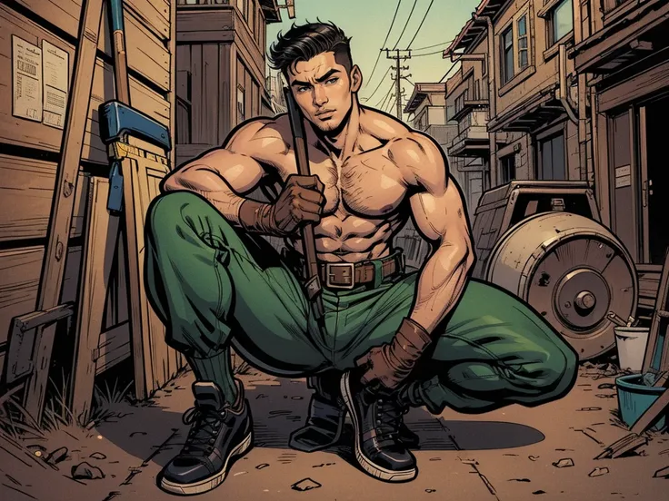 (masterpiece, comic illustration, Biological Men Masculine Youth 20 years old Men Pin Up), best quality, full Body Portrait Head to Toe of Biological Men Masculine Youth 20 years old Men Pin Up Asian Men Sexy Stripper, wearing sexy outfit colored green, sh...