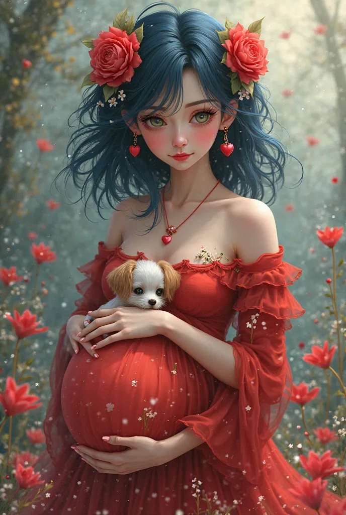 Pregnant woman with dark blue hair with flowers red dress with white flowers heart earrings and a baby dog is on her belly 