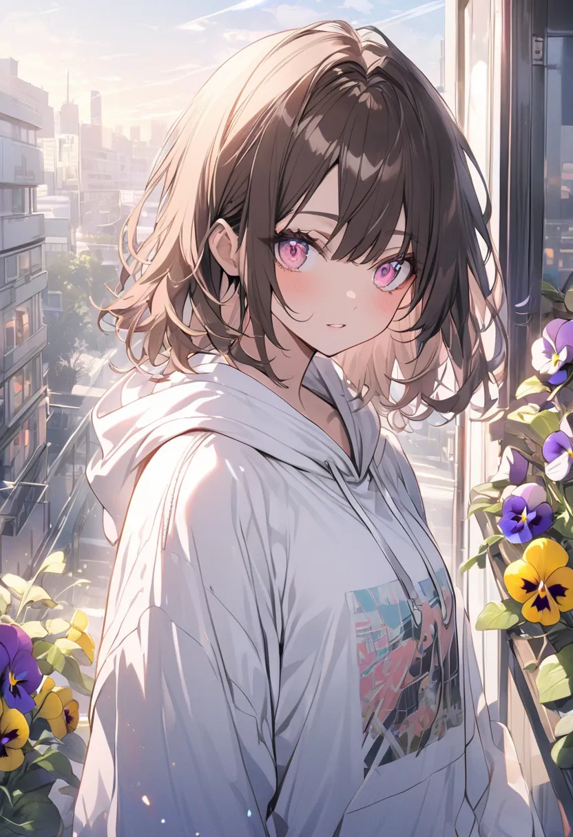 Alone，medium hair，Dark brown hair， tip pink highlight，woman， Light Pink Eyes ， white hoodie，pansy，morning，City， Long Sleeve