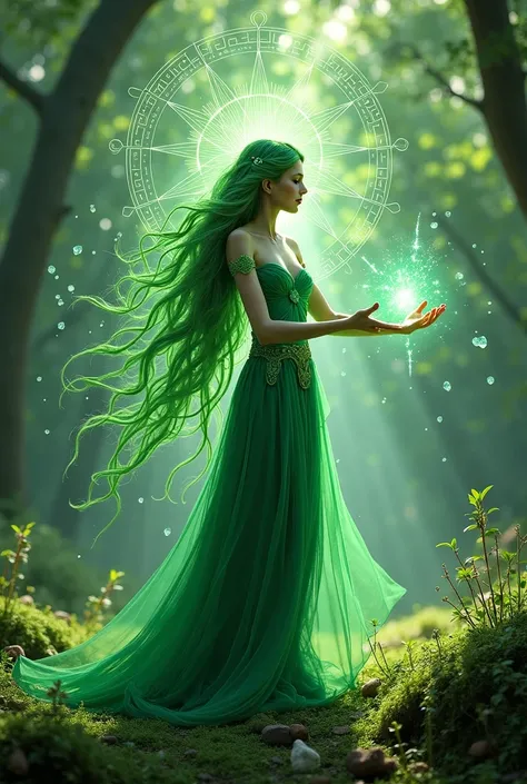 A nature witch of green magic with quartz and sacred geometry healing someone 