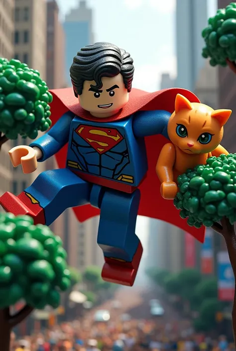 The Superman, built with LEGO,  Saving an orange kitten that is on top of a tree in New York 