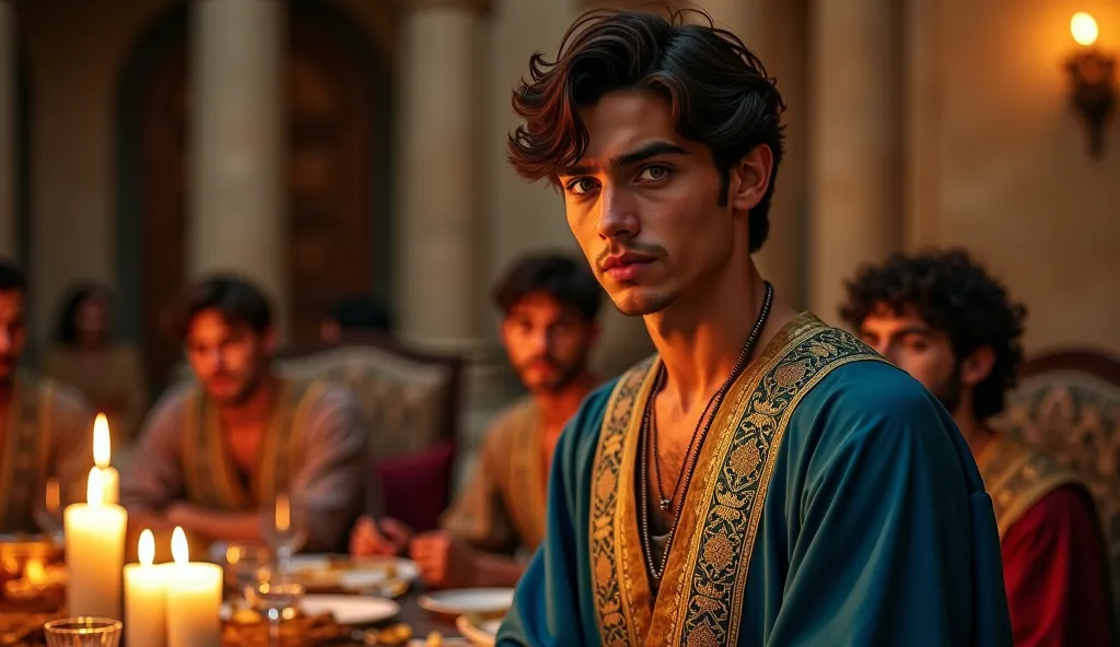  A wealthy young man from ancient Jerusalem,  ABOUT 25 YEARS OLD , with well-groomed dark brown hair and deep green eyes. His Middle Eastern features are refined, with a strong chin and a thoughtful expression. He wears a luxurious robe embroidered in shad...