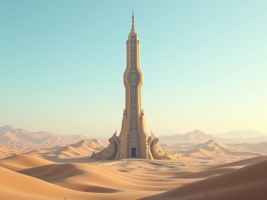 Draw a tower that goes up to the hills in the middle east without people