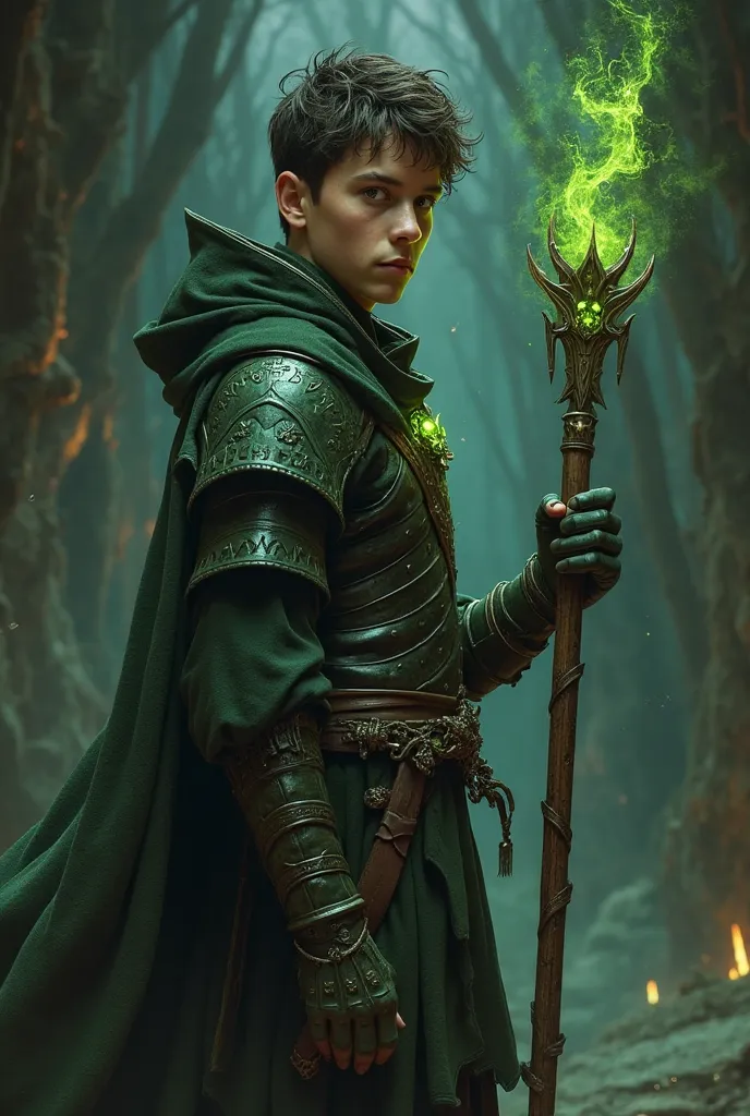 young man, necromancer, dark-green leather armor, staff in right hand, 3/4 view, green lights, dark background