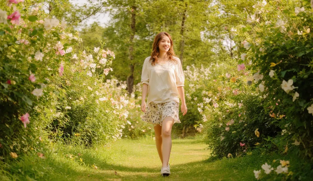 A beautiful woman walks through a lush garden in the early morning, surrounded by blooming flowers and fresh dewdrops on the leaves. The golden sunlight filters through the trees, casting a warm glow on her face as she takes in the sweet fragrance of natur...