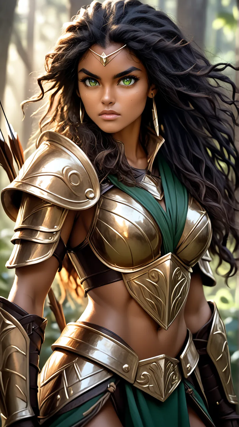 A young, black Brazilian warrior woman of tall, imposing stature, wearing shiny bronze armor that highlights her strong, feminine muscles. Her face is of rare beauty, with elegant features and an expression of determination and strength.
Her skin is a ligh...