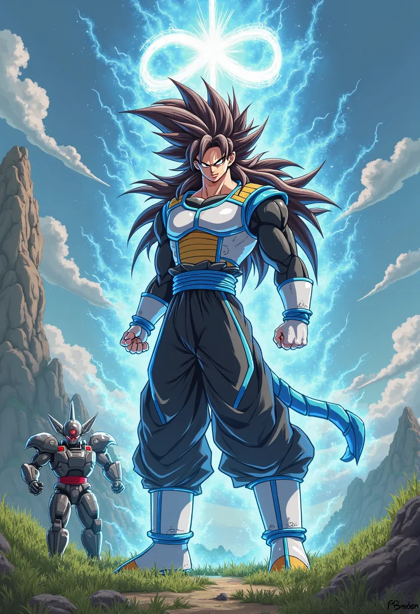 Super Saiyan Supreme, long hair, brown hair,  black and white clothes , Clothes with Blue Stripes, DBZM Dragon Ball, Amazing Halo, Lots of Action, Clothes with Blue Stripes {x} Black Clothes with Grey, Lots of Ki Energy, Grass Background, My robot 