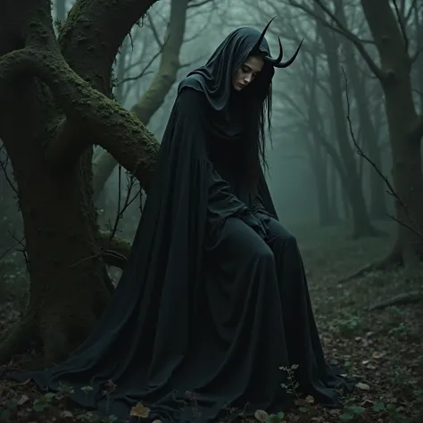 a female demon, wearing a black cloak, hooded cloak, eyes closed, in a dark forest, leaning against a tree, taking a realistic photo