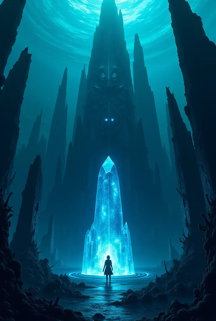 A dark, mysterious underwater kingdom ruled by an ancient Leviathan, a serpent-like sea deity with glowing blue eyes and armor-like scales. Towering, jagged spires of black coral rise from the ocean floor, forming a fortress that hums with ancient magic. T...