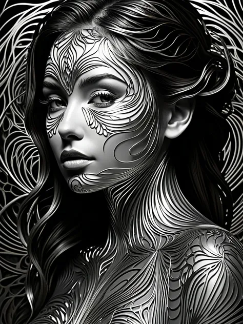 surealist Nouveau art potrait, head to shoulder, Female in crafted steel reveals the hollow empty space inside from carving and engraving, the piercing engraving shows the empty space inside, see through patterns at background, Medium shot potrait of a wom...