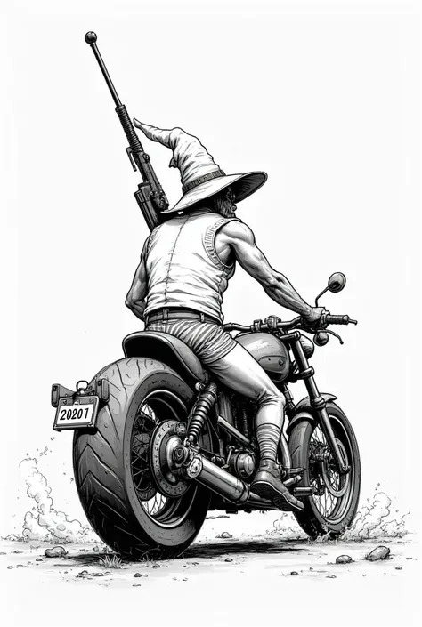 A crazy wizard wearing a white vest, striped briefs, behind his back is a staff with a TT gun attached. He is sitting on a heavy grapevine motorcycle. The viewing angle is shifted slightly to the right. The drawing style is black and white, in the style of...