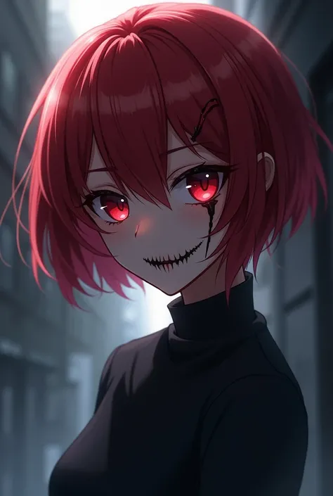 A female anime character , short red hair, with a scar on the face below the left eye, scar in the form of a smile 