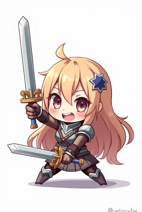 Chibi long-haired woman with two swords on white background