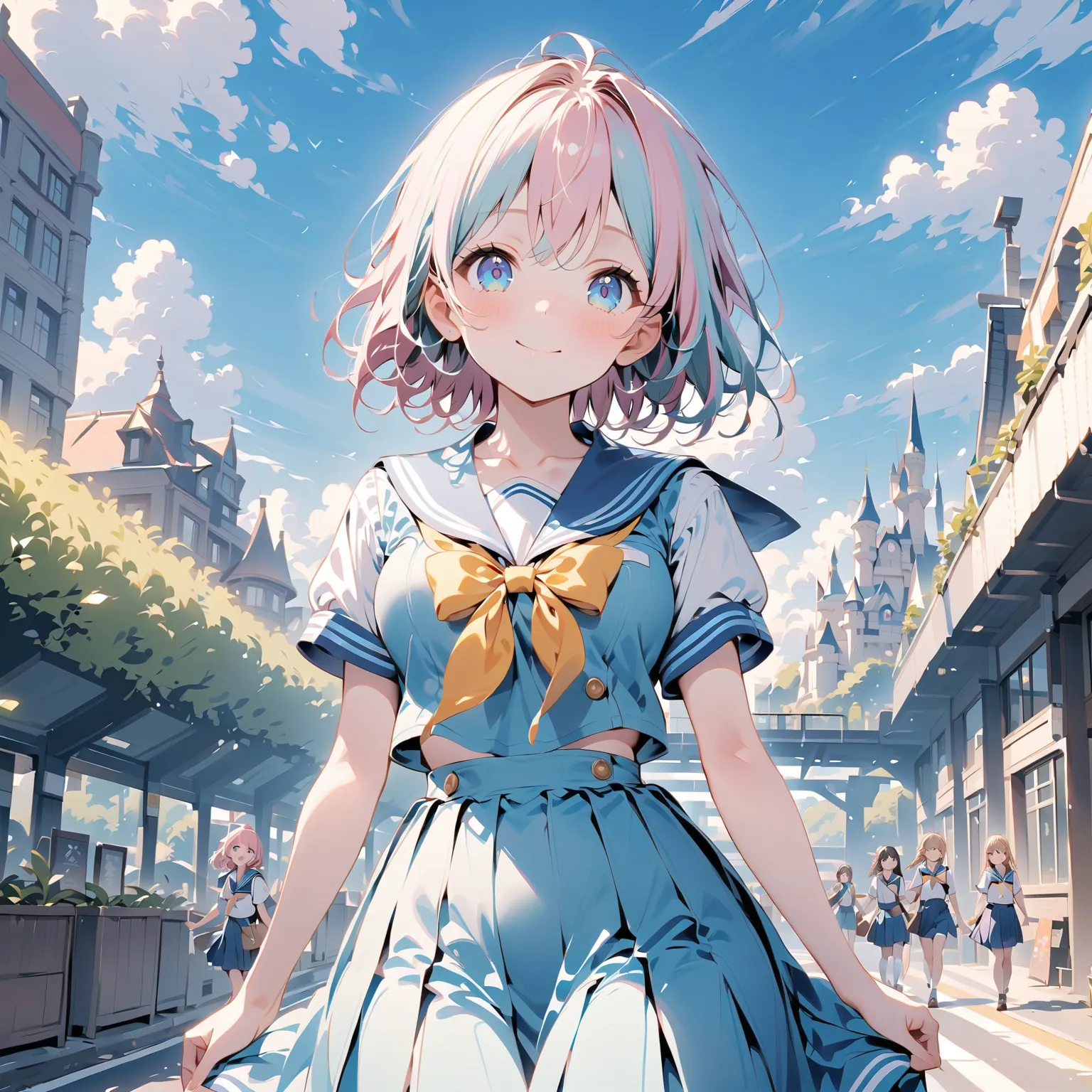   enchantment、Rooftop garden、{Castle in the Skyラピュタの前で記念撮影する}、age Girl、 normal breasts 、(Ping-colored hair)Sailor uniform,Blue Sailor Suit,,  blue eyes,smiles,  in front of Shimokitazawa station, Hi-Res, solo, Castle in the Sky、blue sky、Infinite horizon、