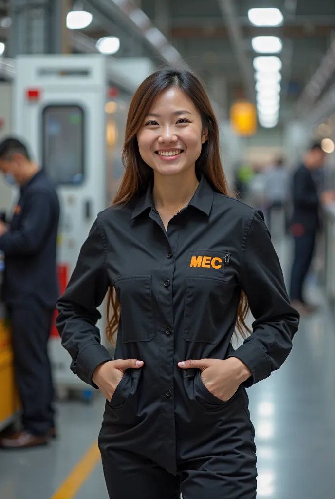   30-year-old woman in tight black uniform,  with the company name MEC G highlighted in orange and blue, posture, large and elegant body,  smile, Happy to work, Next to manufacturing, other collaborators working in the background. Highlight body and unifor...