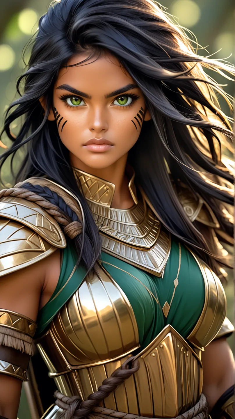 A young, tall, imposing Brazilian Guarani indigenous woman warrior, wearing shiny bronze armor that highlights her strong, feminine muscles. Her face is of rare beauty, with elegant features and an expression of determination and strength. Her skin is ligh...