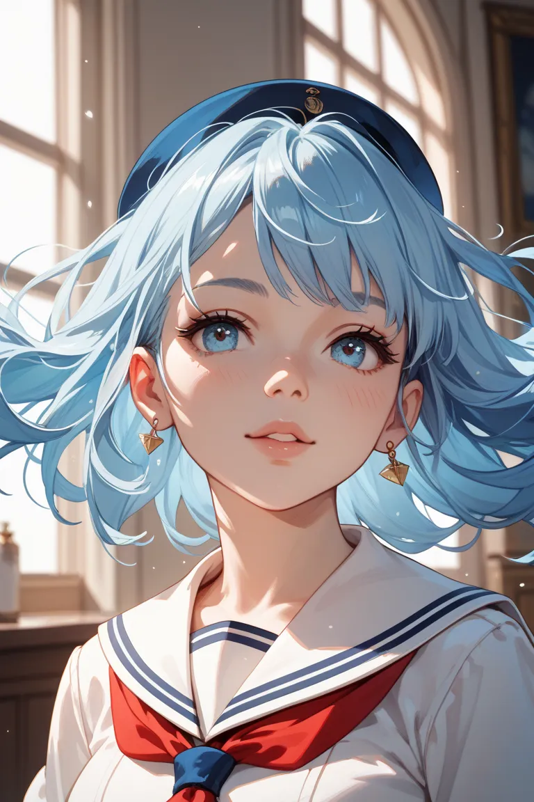 Light blue hair with left eye hidden、girl wearing sailor clothes、 above the waist