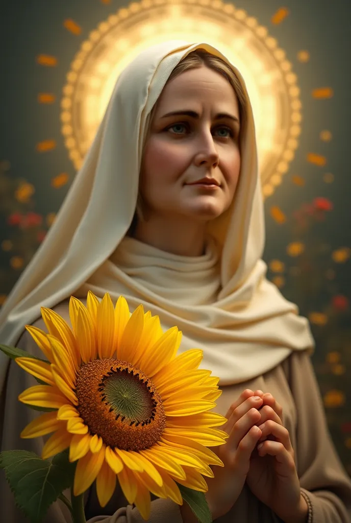 Image of Saint Paula Frassinetti (from the photo) combining with a sunflower and a blurred space to place a phrase. 