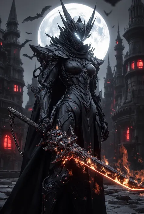 Female knight wearing a dragon helmet, Weird glowing eyes, Halloween warrior wielding a sword engulfed in huge flames, Black Knight Armor, Dark themed costume, Dark Fantasy Atmosphere , 8k, vivid rendering, Flashy Cosplay , Ultra detailed fantasy character...