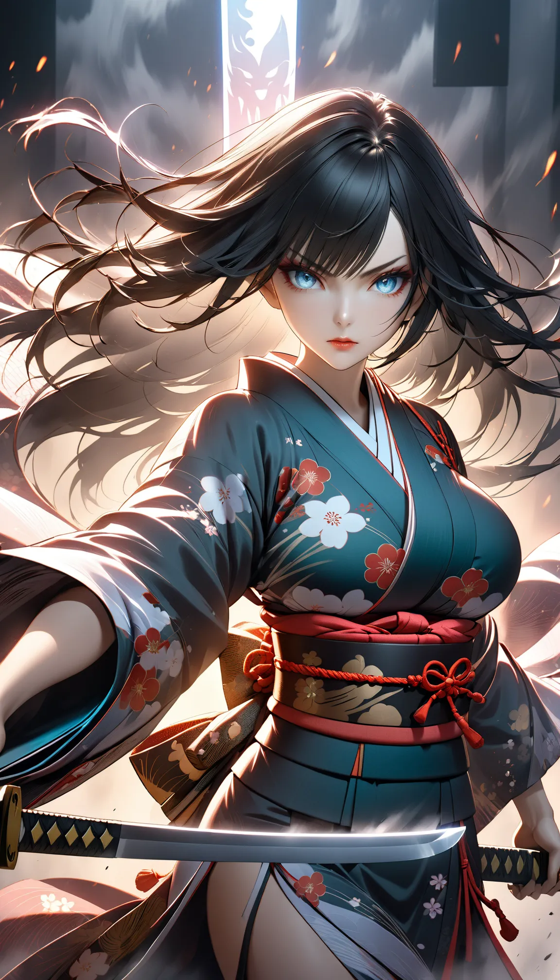 The enigmatic samurai girl ,big breasts,long black hair,wielding a long Japanese sword, Splitting with each powerful slash,Enveloped in the mist that obscures vision, The clarity of the sword's slash against the hazy background, The fox's sharp gaze meets ...