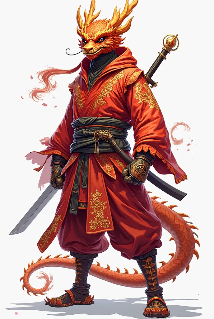 create a ninja dragon warrior character, in red gold clothes with dragon symbols , in a normal pose on a white background in a cartoon style, high quality