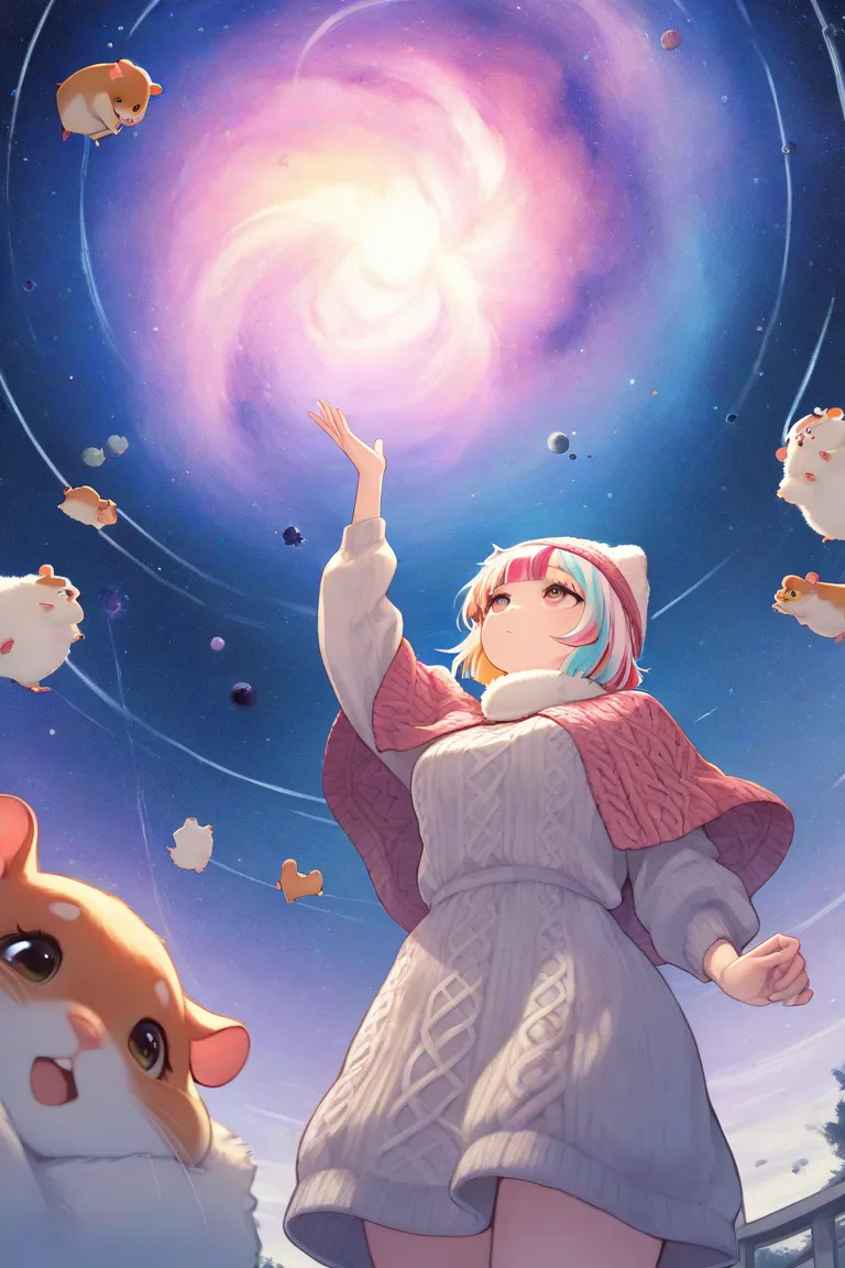 solo,1girl\(looking up at the sky,Hamuko-chan, cream-color hair,bangs,knit dress\(,african traditional pattern\),knit capelet\(african traditional pattern\),knit hat\(african traditional pattern\),hamster ears\). BREAK .background\((many hamster\(small, cu...