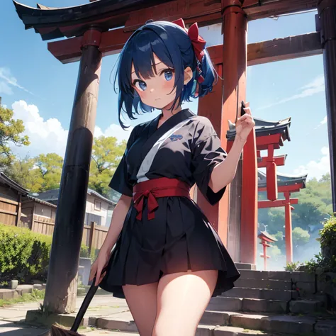  girl with blue hair、short hair、Dark blue eyes、 shrine maiden costume、miniskirt、 has a broom 、Shrine torii gate、Cobblestones